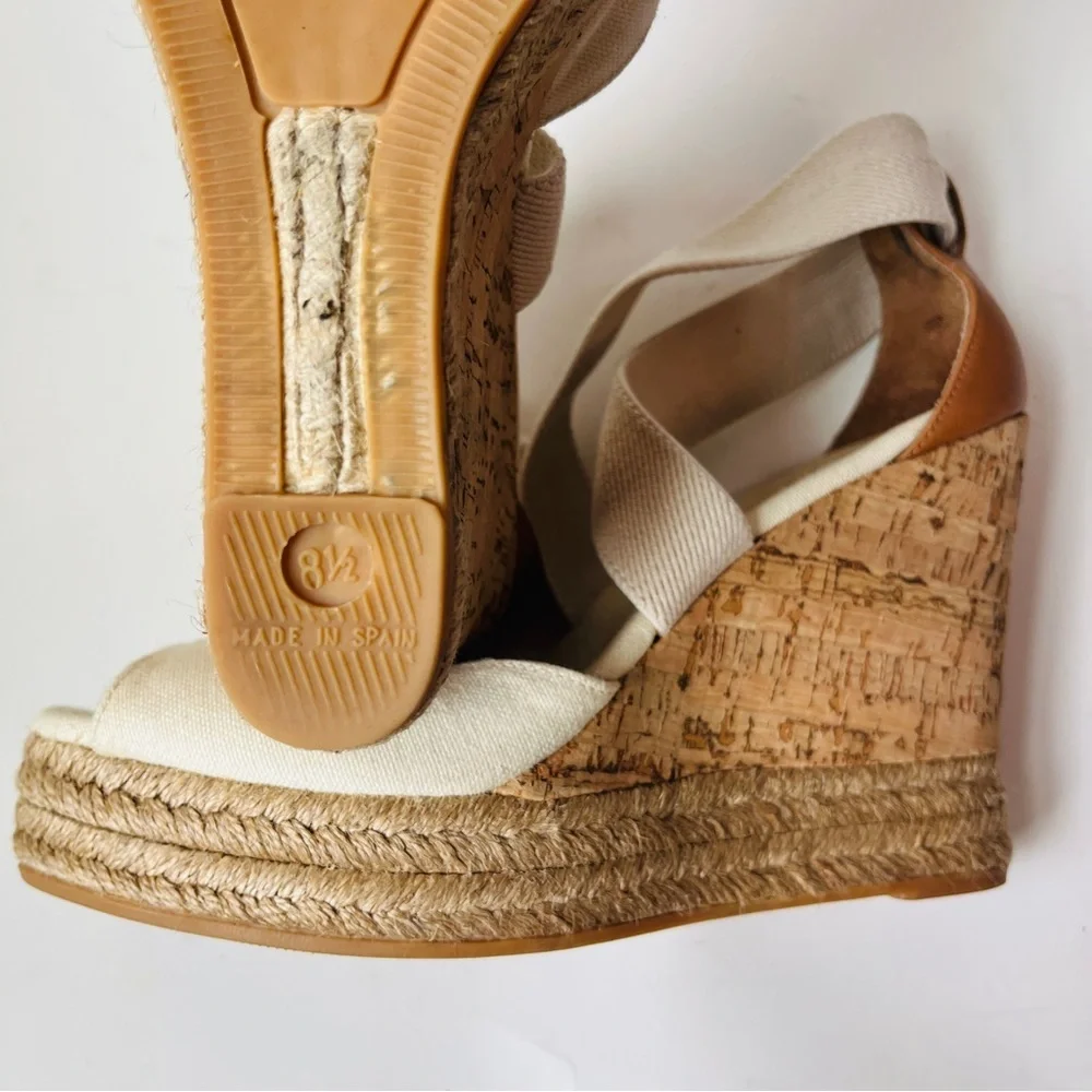 Tory Burch Kate Cream and Tan Woven Espadrille Wedge Platform Sandals